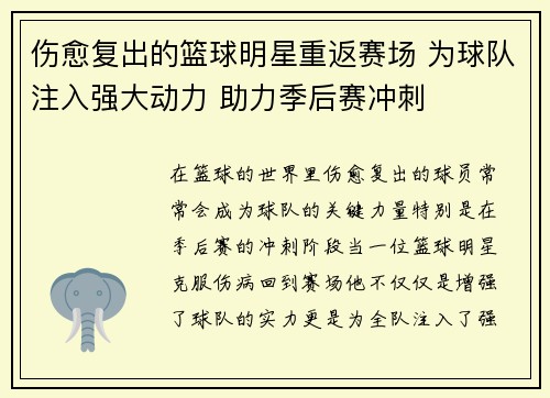 伤愈复出的篮球明星重返赛场 为球队注入强大动力 助力季后赛冲刺